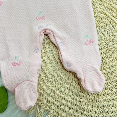 Macacão Tricotil (Tricot 100% Algodão) com Gola e Bordado - Rosa Cerejas 